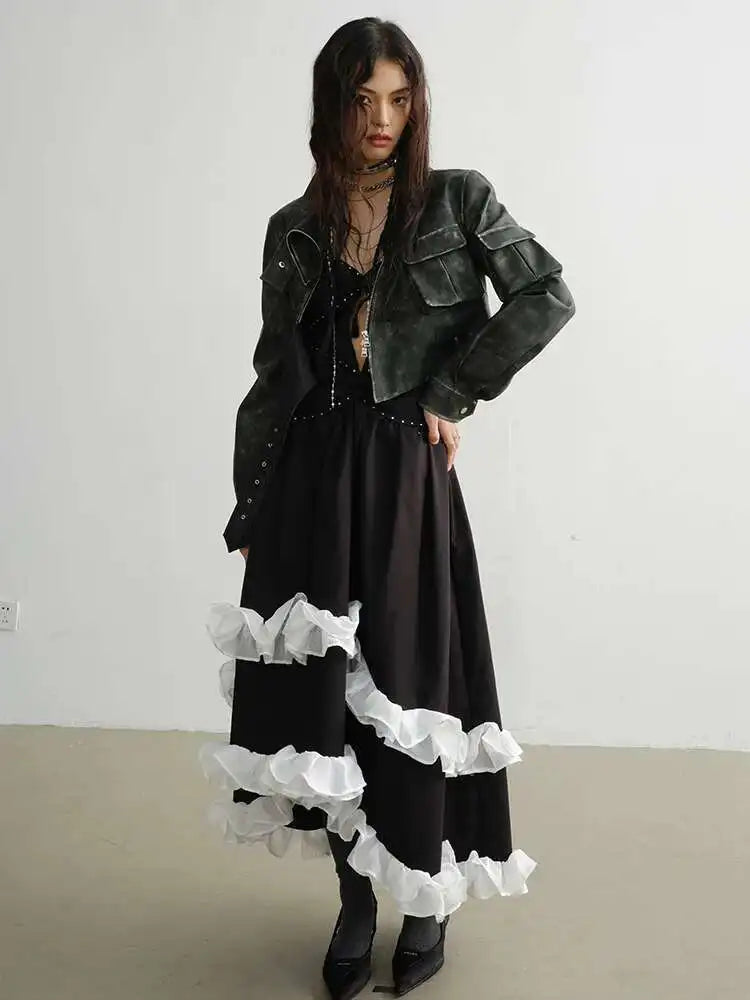 PU Leather Green Pocket Vintage Short Jacket New Stand Collar Long Sleeve Women Coat Fashion Spring Autumn 2025 1DH7220