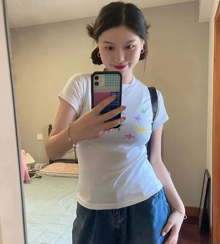 Japanese Kawaii T-shirt 00s Harajuku White Tee Shirt Fairycore Y2k Tops Cute Star Print Short Sleeve Tshirt E-girl 2000s