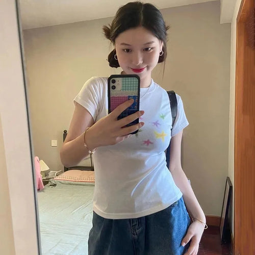 Load image into Gallery viewer, Japanese Kawaii T-shirt 00s Harajuku White Tee Shirt Fairycore Y2k Tops Cute Star Print Short Sleeve Tshirt E-girl 2000s
