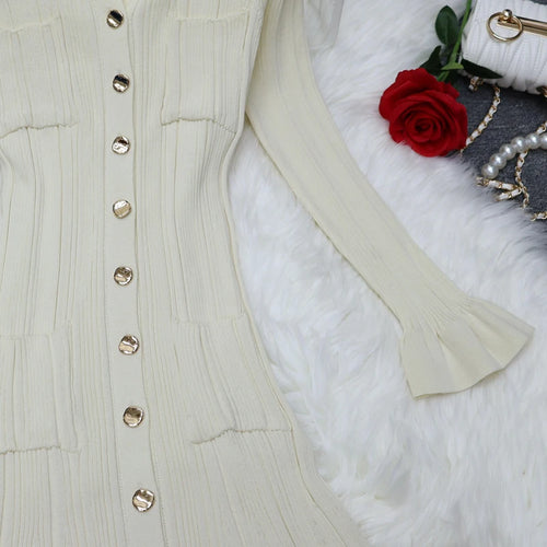 Load image into Gallery viewer, Autumn New 2024 French Black Elegant Single Breasted Long Sleeve Knit Dresses For Women Beige Slim Fashion Ruffles Pleated Dress
