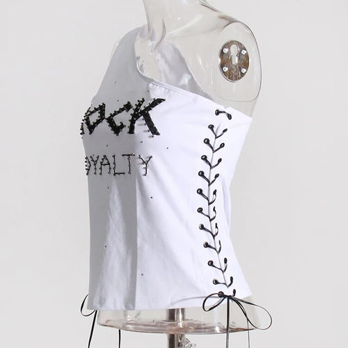 Load image into Gallery viewer, Patchwork Lace Up Tank Top For Women Diagonal Collar Sleeveless Hit Color Sexy Casual Vest Female Fashion Clothing
