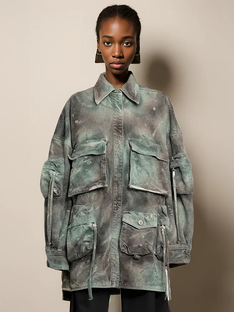 Patchwork Pockets Casual Denim Coats For Women Lapel Long Sleeve Colorblock Streetwear Loose Coat Female Fashion Clothing