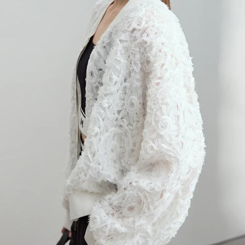 Minimalist Zipper Jacket Women 2025 Autumn New V Neck Stereoscopic Hollow Flowers Drop Sleeve Loose Casual Tops 12541004