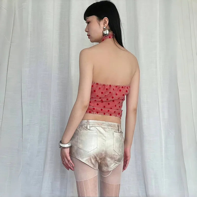 Y2k Aesthetics Red Halter Tops Vintage 2000s Style Polka Dot Camisole Japanese Harajuku Backless Tank Top Korean Popular
