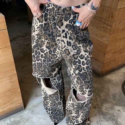 Load image into Gallery viewer, Leopard Ripped Wide Leg Jeans For Women High Waist Patchwork Button Loose Fashion Denim Pant Female Clothing
