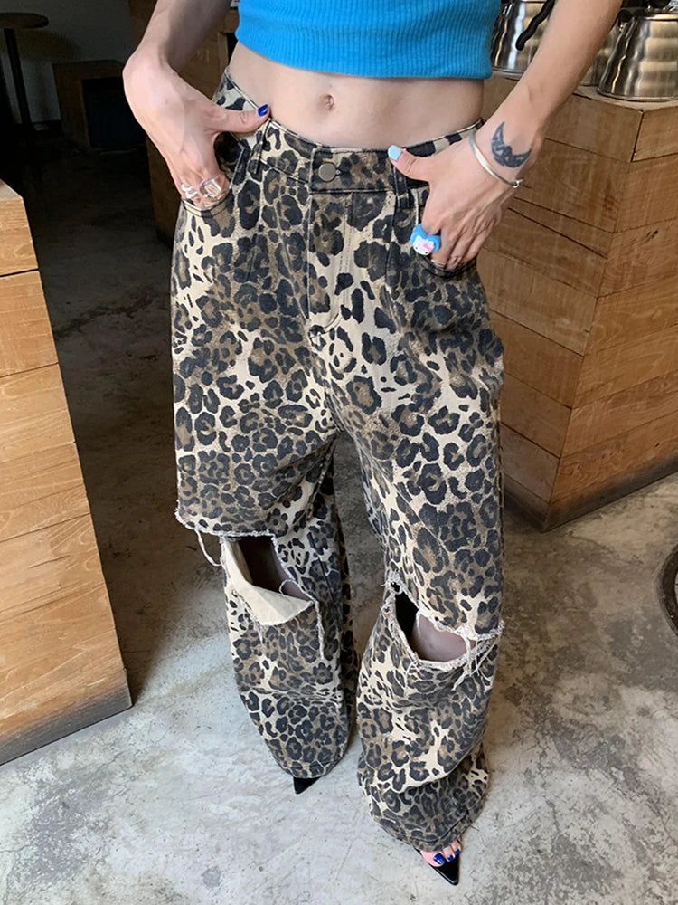 Leopard Ripped Wide Leg Jeans For Women High Waist Patchwork Button Loose Fashion Denim Pant Female Clothing