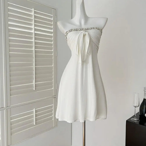 Load image into Gallery viewer, Summer French White Pearl Strapless Bandage Backless Short Dresses Women Vintage Elegant Sexy Club Sleeveless Party Dress Ladies
