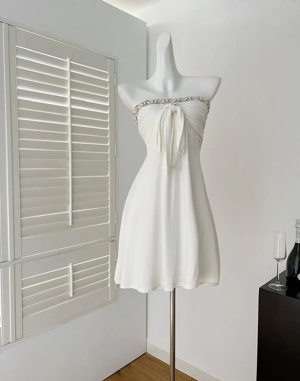 Summer French White Pearl Strapless Bandage Backless Short Dresses Women Vintage Elegant Sexy Club Sleeveless Party Dress Ladies