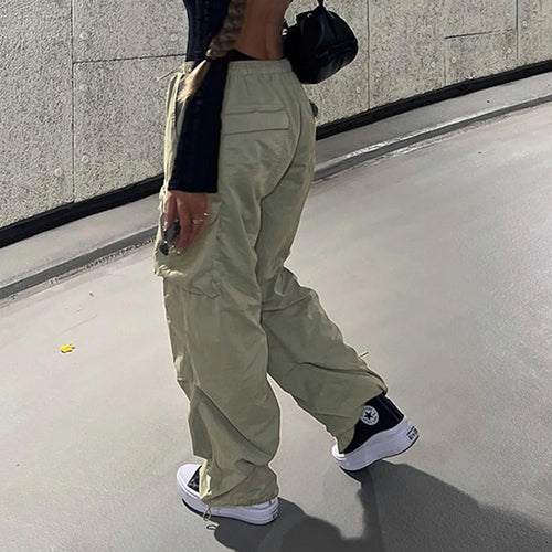 Load image into Gallery viewer, Streetwear Drawstring Low Rise Cargo Trousers Women Harajuku Baggy Pants Solid Pockets Hip Hop Tech Capris Sportswear
