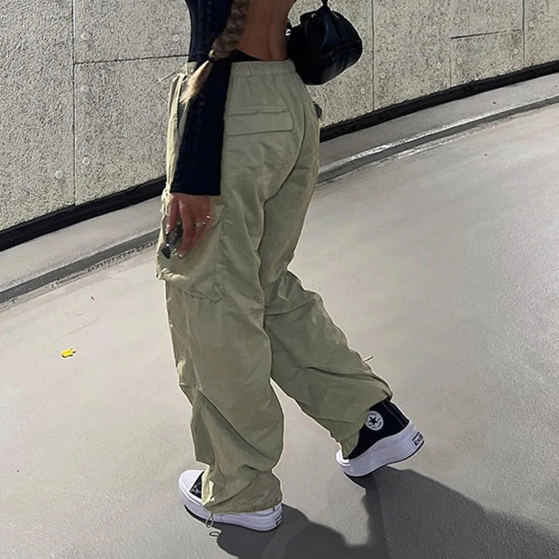 Streetwear Drawstring Low Rise Cargo Trousers Women Harajuku Baggy Pants Solid Pockets Hip Hop Tech Capris Sportswear