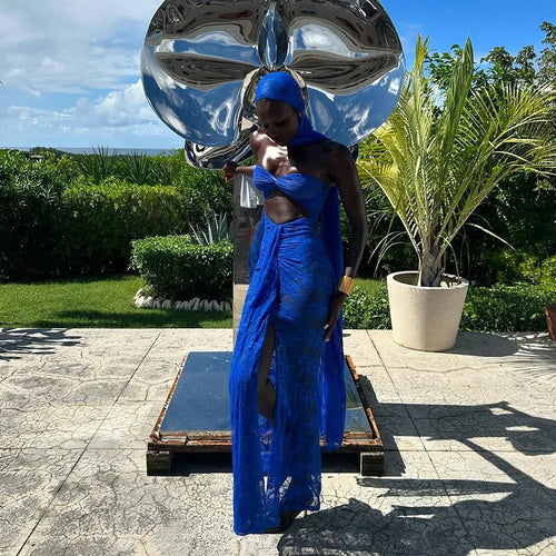 Load image into Gallery viewer, Lace See Through Strapless Sexy Maxi Dress For Women Gown Halter Hollow Out Sleeveless Backless High Split Long Dress
