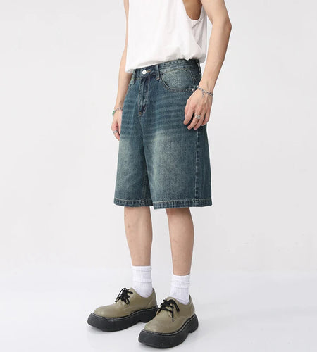 Summer Denim Shorts Men's Loose Korean Style Retro Short Jeans Fashion Washed Casual Knee Length Pant Streetwear 9A8588