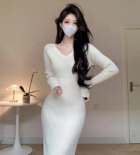 Korean White Knit Long Dress Black V Collar Long Sleeves Bodycon Slim Women Elegant 2023 Autumn Party Khaki Wrap Hip Dress Trend