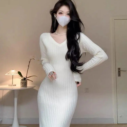 Load image into Gallery viewer, Korean White Knit Long Dress Black V Collar Long Sleeves Bodycon Slim Women Elegant 2023 Autumn Party Khaki Wrap Hip Dress Trend
