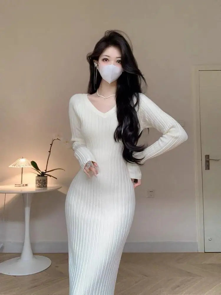Korean White Knit Long Dress Black V Collar Long Sleeves Bodycon Slim Women Elegant 2023 Autumn Party Khaki Wrap Hip Dress Trend