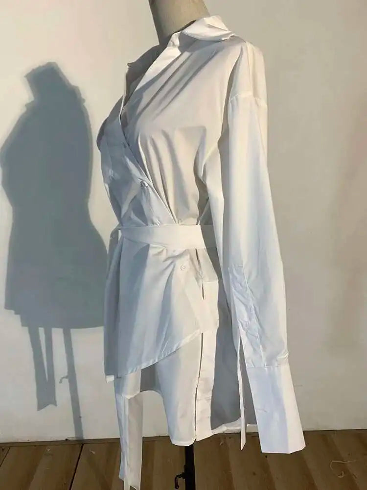 Women White Irregular Bandage Slit Shirt Dress New V-Neck Long Sleeve Loose Fit Fashion Tide Spring Autumn 2025 1DE9884