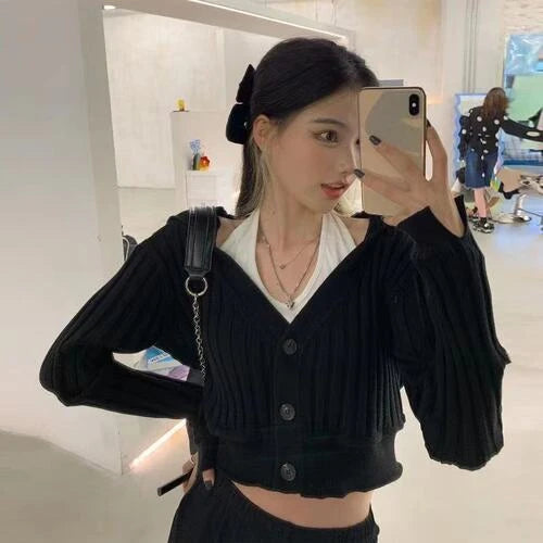 Harajuku Black White Sweater Cropped Cardigan Women Korean Fashion Streetwear Jumper Female Autumn Hoody Knitted Top