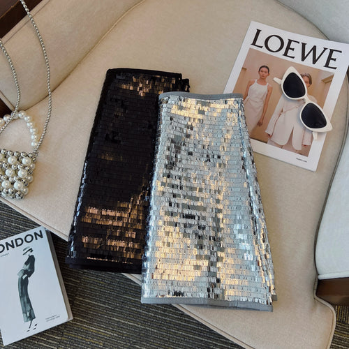 Load image into Gallery viewer, Autumn Winter Silver Elegant Shimmering Sequins Mini Skirt Women Black Sexy Club Party Wrap Hip Short Skirt Retro Popular Simple
