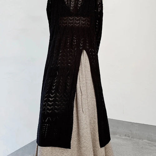 Load image into Gallery viewer, Women Black Big Size  Hollow Out Long Sweater Dress New Round Neck Long Sleeve Fashion Tide Spring Autumn 2025 1DJ0404
