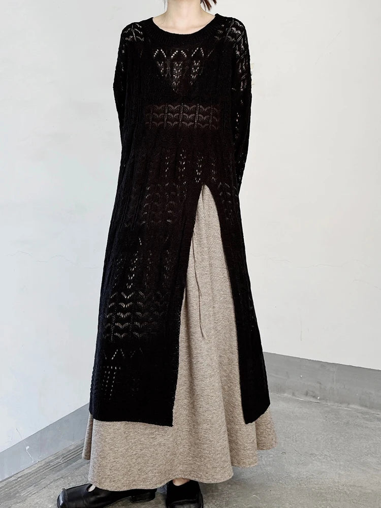 Women Black Big Size  Hollow Out Long Sweater Dress New Round Neck Long Sleeve Fashion Tide Spring Autumn 2025 1DJ0404