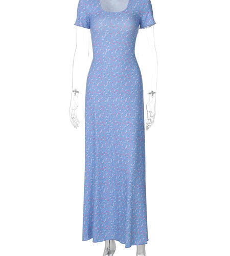 Elegant Ribbed Floral Print Square Collar Short Sleeve Bandage Sexy Maxi Dress Women Clothes Birthday Party Festival