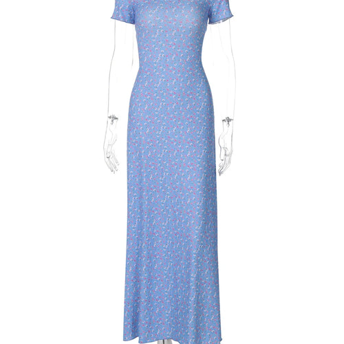 Load image into Gallery viewer, Elegant Ribbed Floral Print Square Collar Short Sleeve Bandage Sexy Maxi Dress Women Clothes Birthday Party Festival
