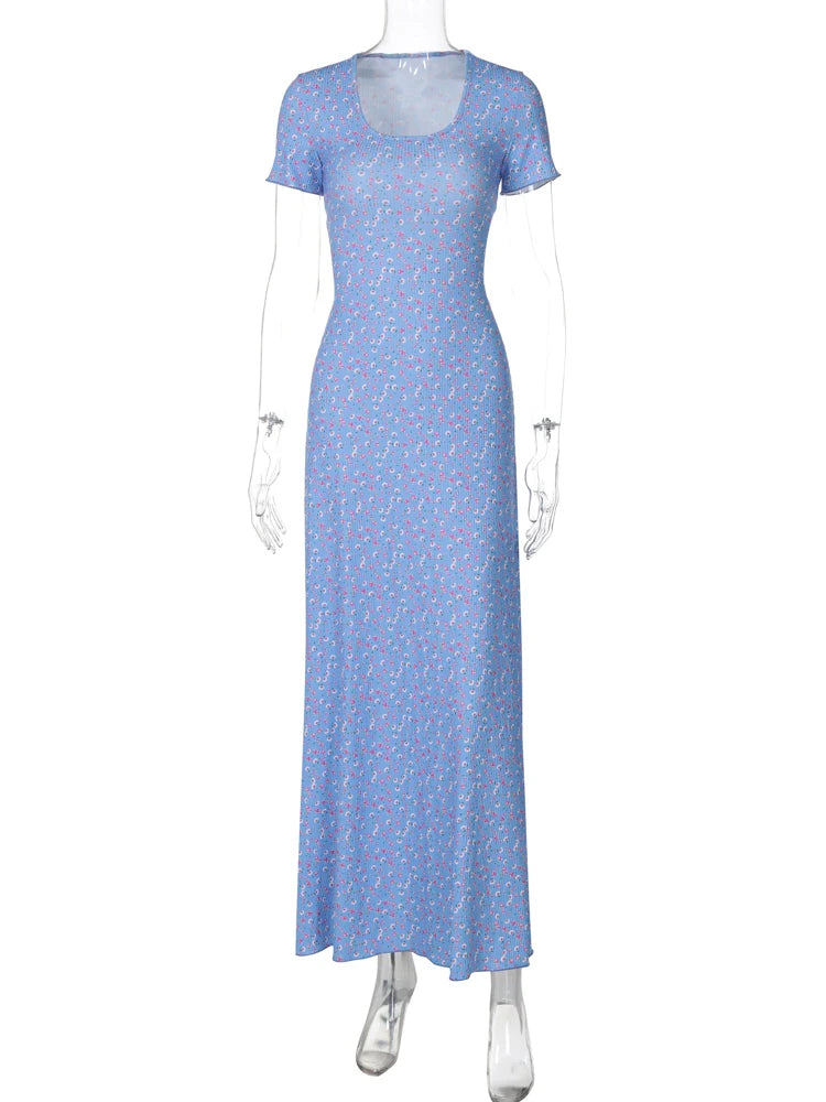 Elegant Ribbed Floral Print Square Collar Short Sleeve Bandage Sexy Maxi Dress Women Clothes Birthday Party Festival