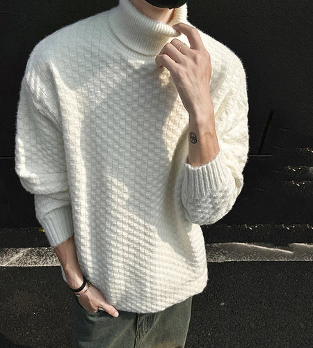 American Turtleneck Jacquard Knit Sweater Loose Pullover Solid Color Simple Men's Knits Autumn Winter Fashion Tide 9C8931