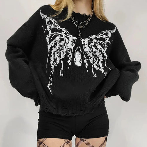 Load image into Gallery viewer, Grunge Gothic Butterfly Autumn Sweater Women Loose Vintage Hole Ripped Knitted Pullover Halloween Y2K Jumper Outwear
