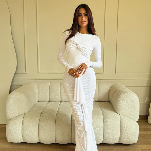 Load image into Gallery viewer, Elegant Long Sleeved Elastic Tight Pleated Party Club Evening Dress Women Fashion Maxi Vestido Autumn Winter New Female
