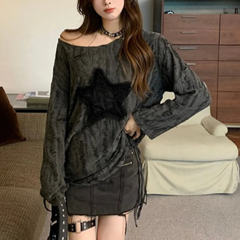 y2k Gothic Tops 2000s Women Clothes Drawstring Star Patch Ripped Long Sleeves T Shirts Grunge Clothing Streetwear