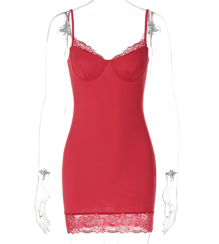 Fashion Red Slips Patchwork Lace Sexy Bodycon Mini Dress Summer Women Y2K Outfits Streetwear Party Nightclub