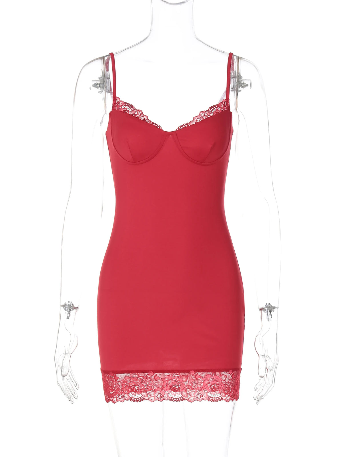 Fashion Red Slips Patchwork Lace Sexy Bodycon Mini Dress Summer Women Y2K Outfits Streetwear Party Nightclub