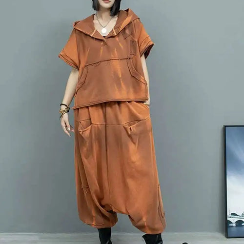 Load image into Gallery viewer, Big Size Sweatshirt Cross Pants Two Piece Suit New Hooded Short Sleeve Women Fashion Tide Spring Autumn 2025  1DH9474
