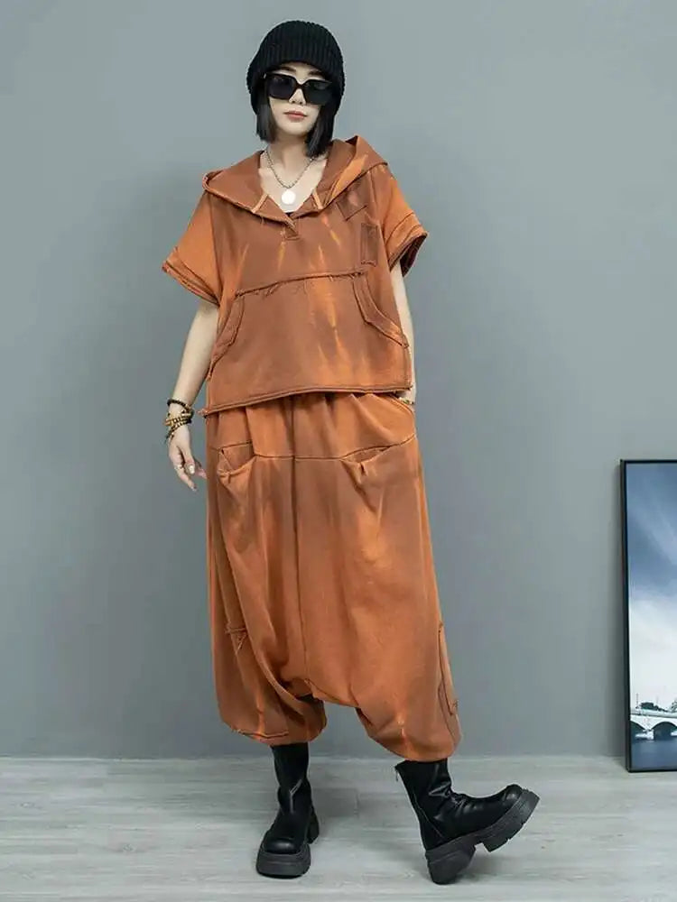 Big Size Sweatshirt Cross Pants Two Piece Suit New Hooded Short Sleeve Women Fashion Tide Spring Autumn 2025  1DH9474