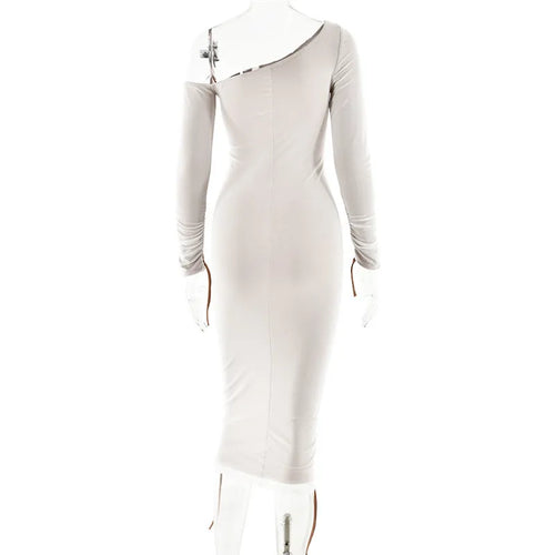 Load image into Gallery viewer, Diagonal Collar Long Sleeve Midi Dress For Women Two Layer Mesh Backless Ruched Bodycon Club Party Sexy Long Dress
