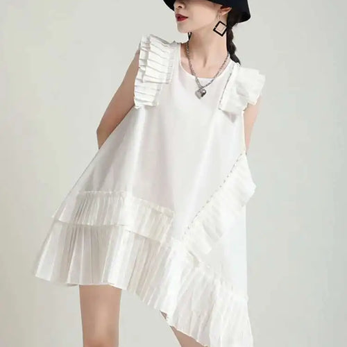 Load image into Gallery viewer, Women White Irregular Pleated Big Size Elegant Dress New Round Neck Sleeveless Fashion Tide Spring Summer 2025 1DH5375
