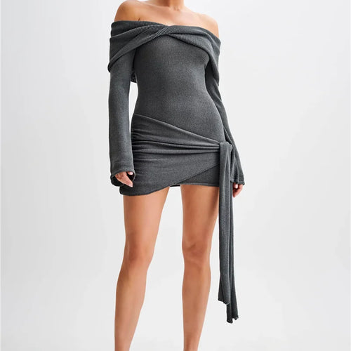 Load image into Gallery viewer, Off-shoulder Knit Mini Dress For Women Autumn Winter New Strapless Backless Long Sleeve Ruched Draped Knitted Dress
