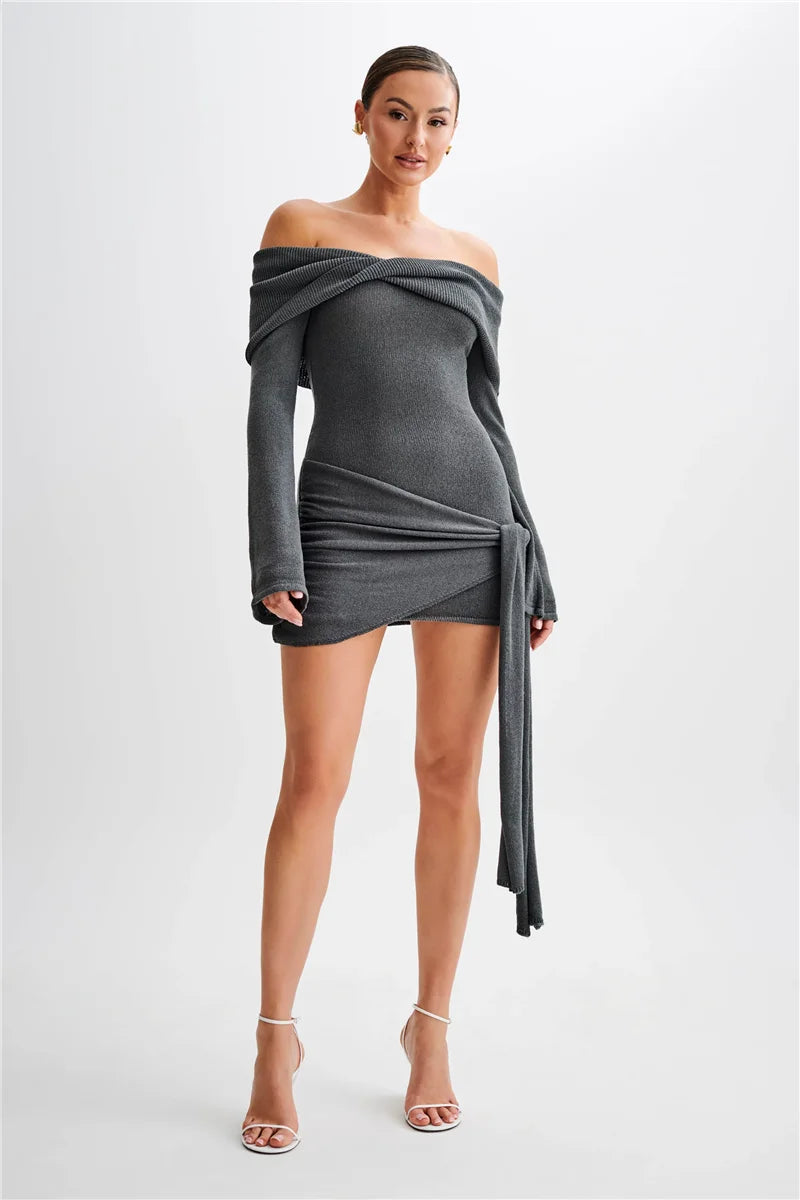 Off-shoulder Knit Mini Dress For Women Autumn Winter New Strapless Backless Long Sleeve Ruched Draped Knitted Dress