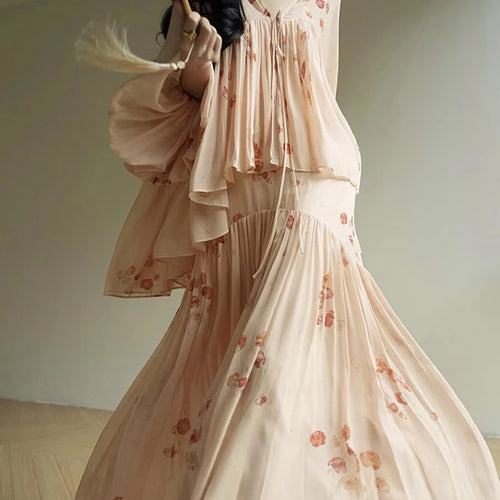 Load image into Gallery viewer, Elegant Two Piece Set For Women V Neck Long Sleeve Spliced Lace Up Top High Waist Dress Loose Sts Female Clothes
