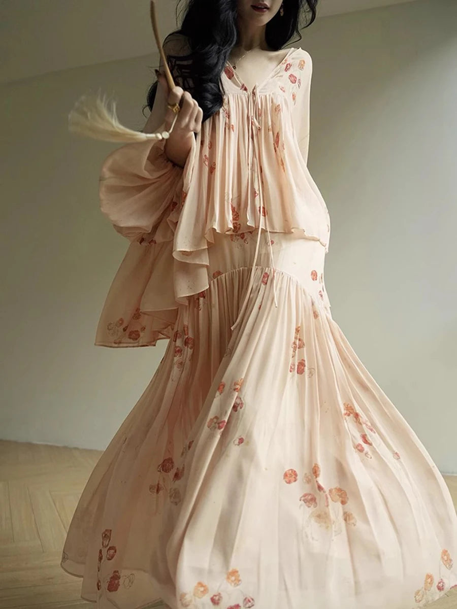 Elegant Two Piece Set For Women V Neck Long Sleeve Spliced Lace Up Top High Waist Dress Loose Sts Female Clothes