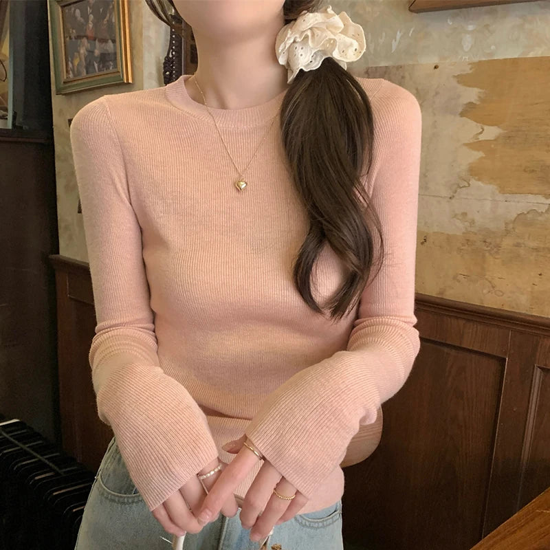 y2k Clothes Tops Women Casual Solid Color Round Neck Long Sleeve Knitted T Shirts 2000s Aesthetic Clothing Streetwear