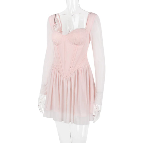 Load image into Gallery viewer, Lace Mesh Backless Sexy Mini Dress For Women Zipper Fishbone Square Collar Long Sleeve Ruched Club Party Dress New
