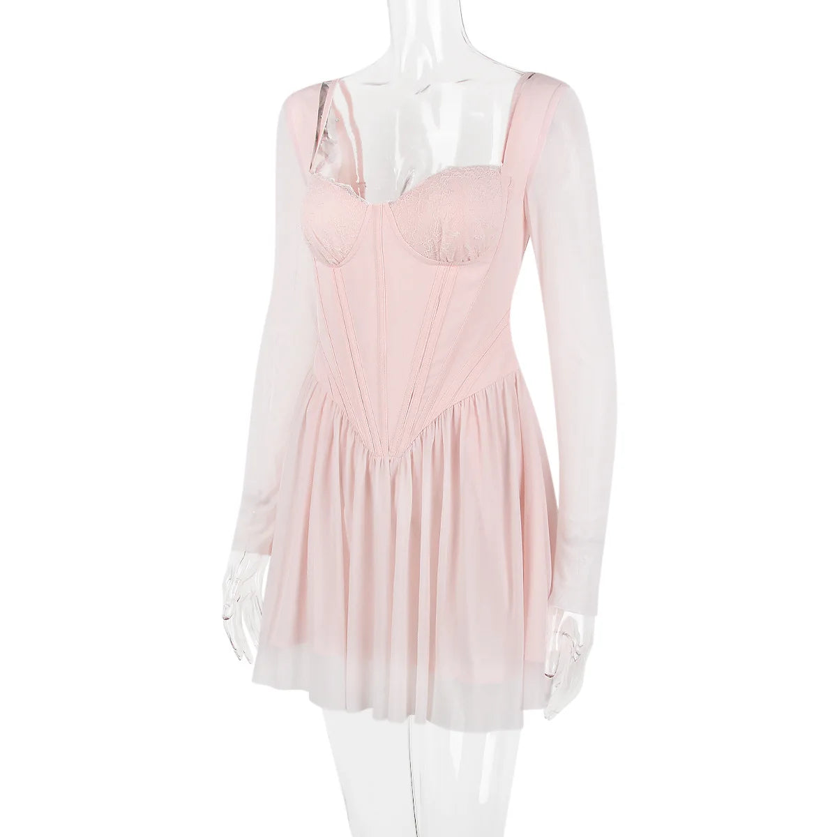 Lace Mesh Backless Sexy Mini Dress For Women Zipper Fishbone Square Collar Long Sleeve Ruched Club Party Dress New