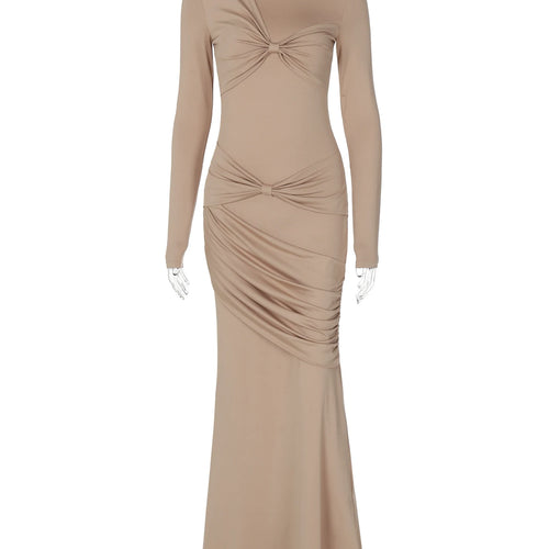 Load image into Gallery viewer, Elegant Solid O Neck Long Sleeve Ruched Sexy Bodycon Maxi Prom Dress Autumn Women Clothes Evening Party Birthday
