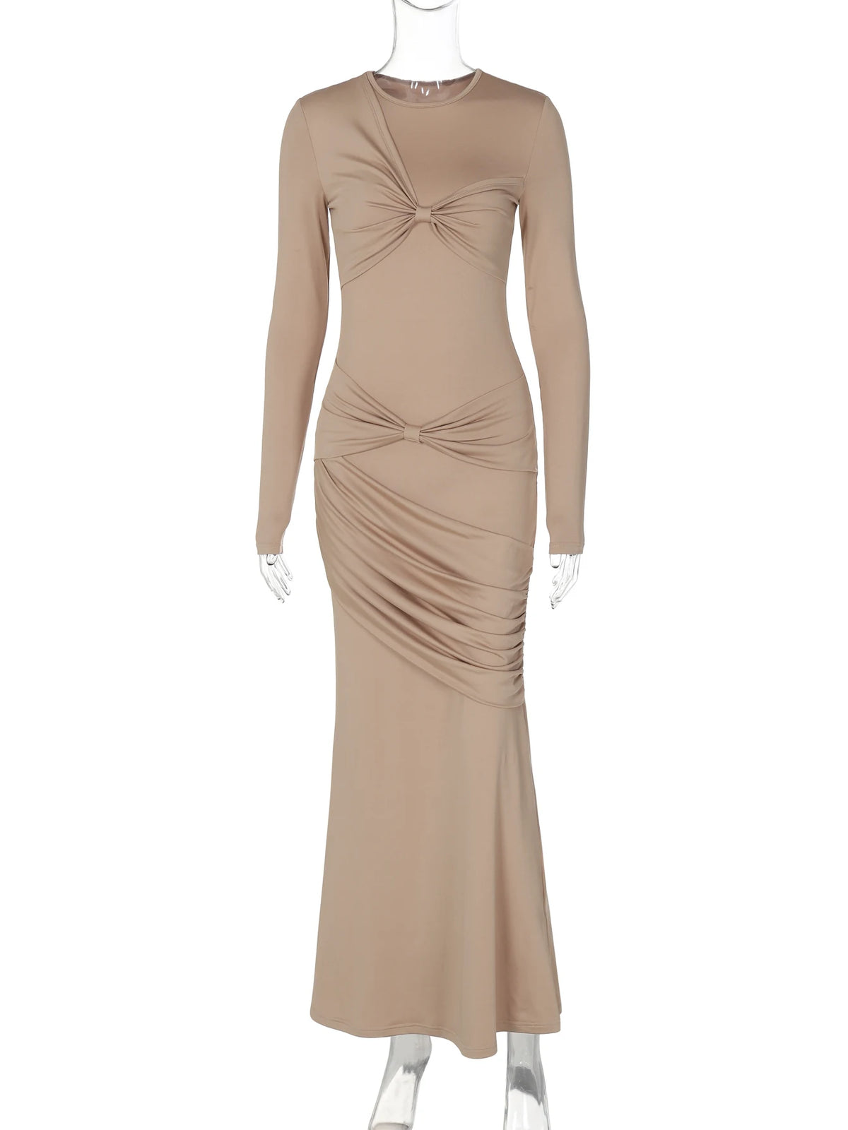 Elegant Solid O Neck Long Sleeve Ruched Sexy Bodycon Maxi Prom Dress Autumn Women Clothes Evening Party Birthday