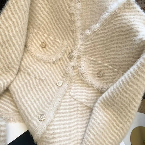 Load image into Gallery viewer, Autumn Winter Korean V Neck Striped Tassel Knitted Cardigan Coat Women&#39;s Elegant Single Breasted Thick Mohair Sweater Fashion
