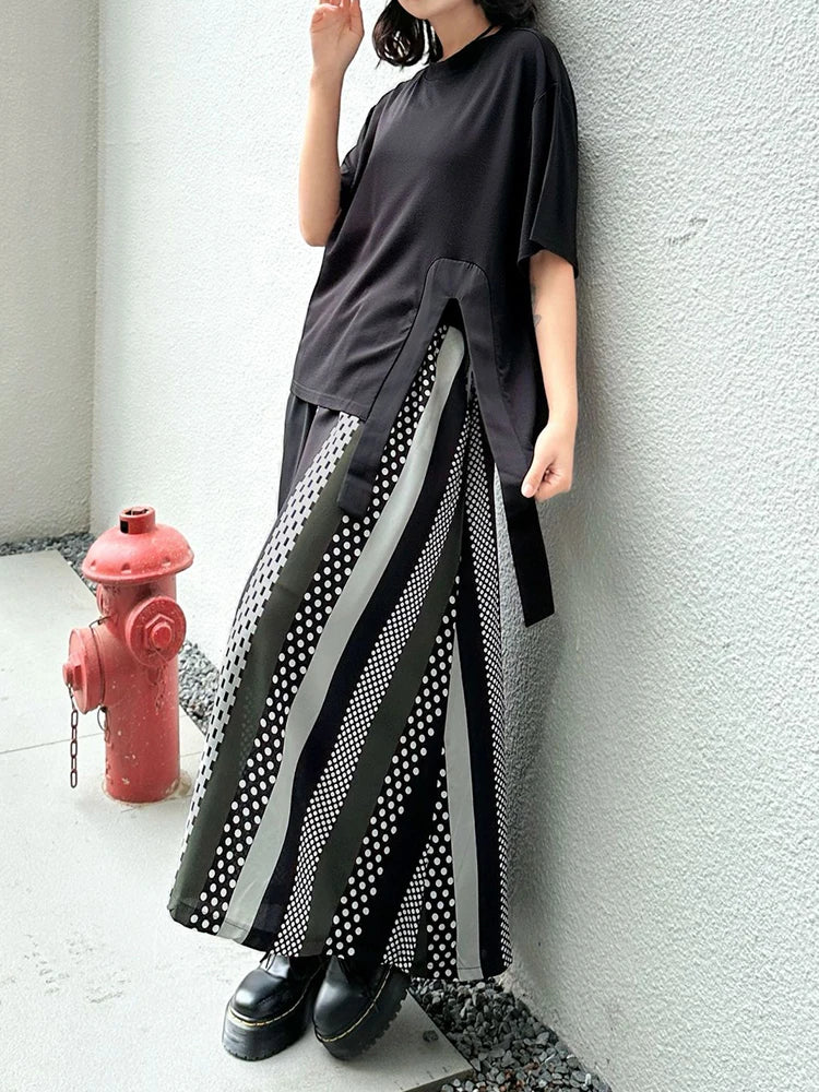 High Elastic Waist Black Dot Color-block Long Wide Leg Pants New Trousers Women Fashion Tide Spring Autumn 2025 1DJ0896