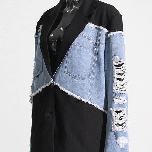Load image into Gallery viewer, Patchwork Denim Casual Fashion Jacket For Women Notched Collar Long Sleeve Spliced Button Loose Vintage Coat Female Style

