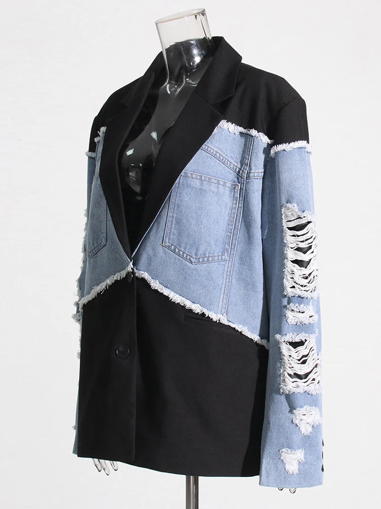 Patchwork Denim Casual Fashion Jacket For Women Notched Collar Long Sleeve Spliced Button Loose Vintage Coat Female Style